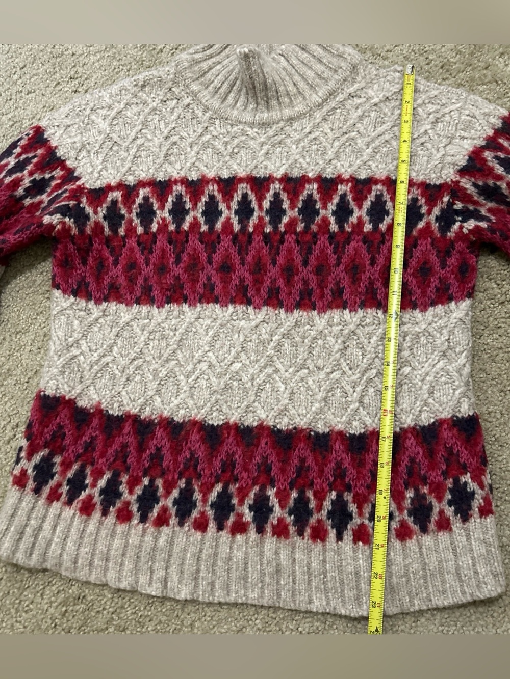 Faherty Alpaca Wool Fair Isle Mock Neck Sweater Womens Large Tan Red Excellent - Picture 8 of 11